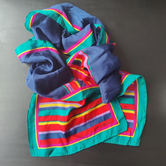 Vintage Liz Claiborne Silk Scarf 🧣 Navy Blue, Emerald Green & stripes - Picture 5 of 7